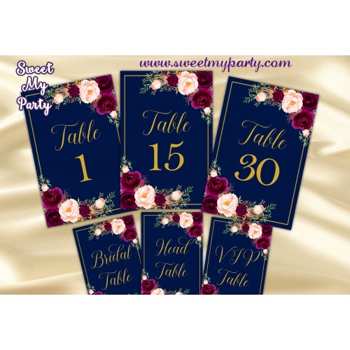 Burgundy Table numbers printable,Navy table numbers printable,(84w)